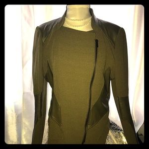 Moto style jacket; Olive Green sz L leather detail